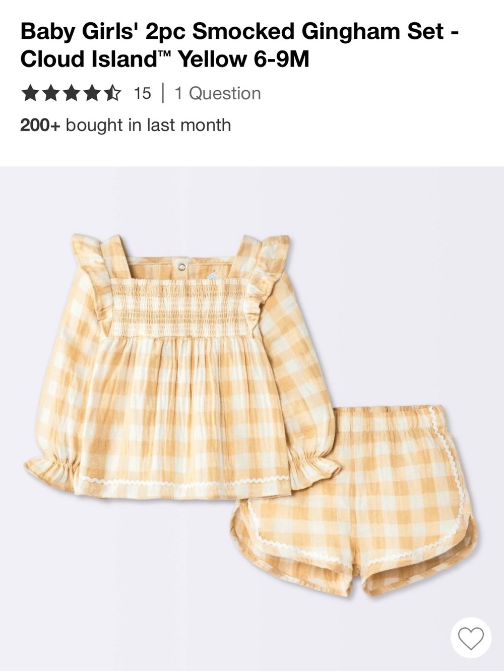 NWT! cloud island Yellow Gingham Smocked Top & Shorts Set